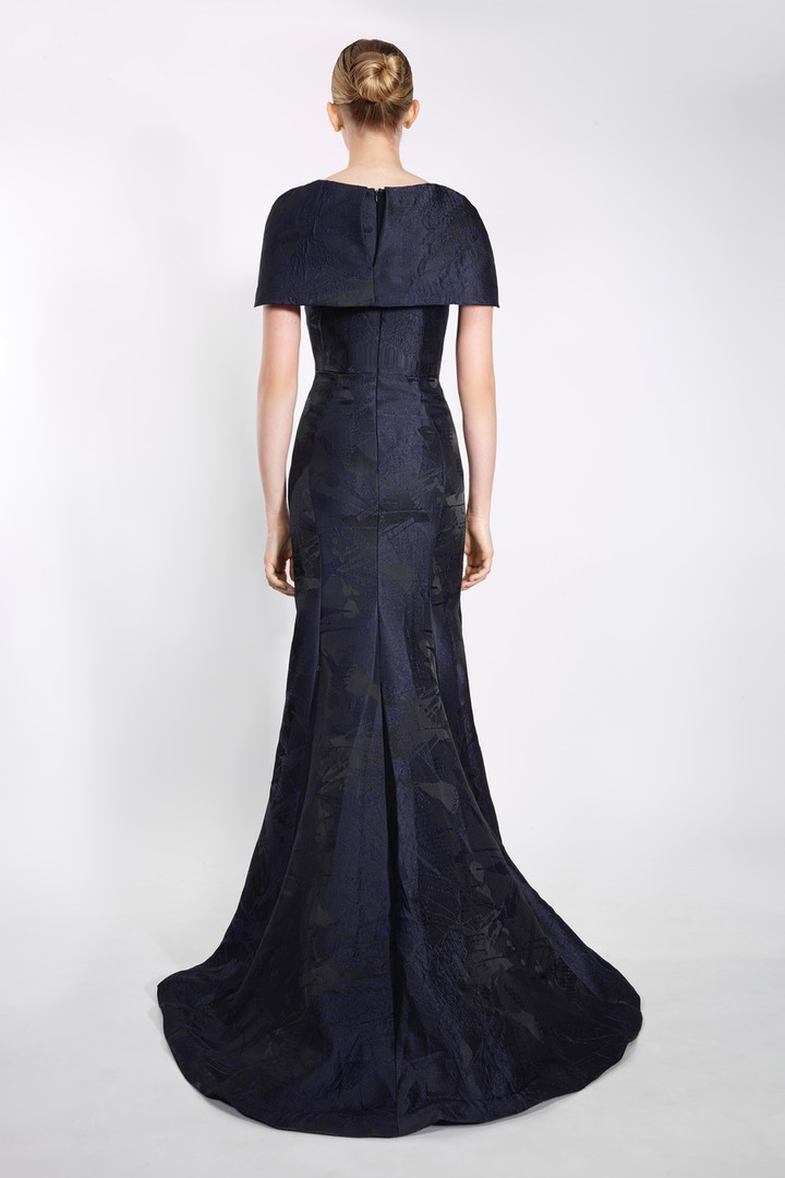 Janique 23005 Jacquard Cape Sleeve V-Neck Trumpet Long Gown