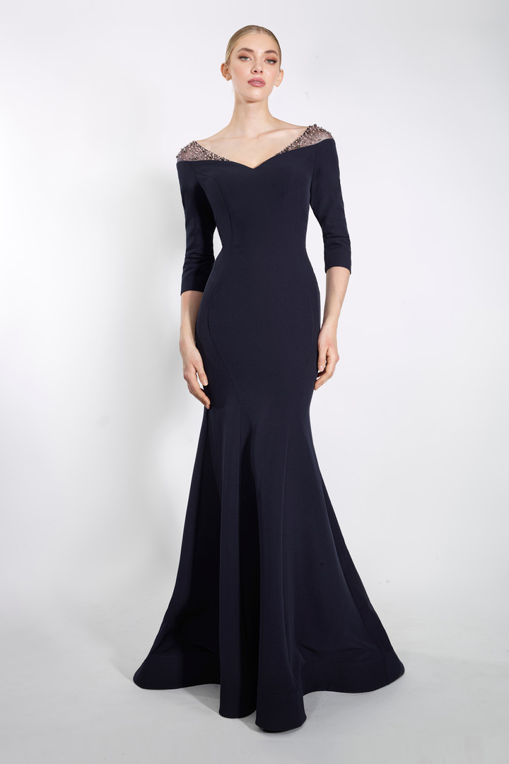 Janique 23105 Quarter Sleeves V-Neck Illusion Accent Gown