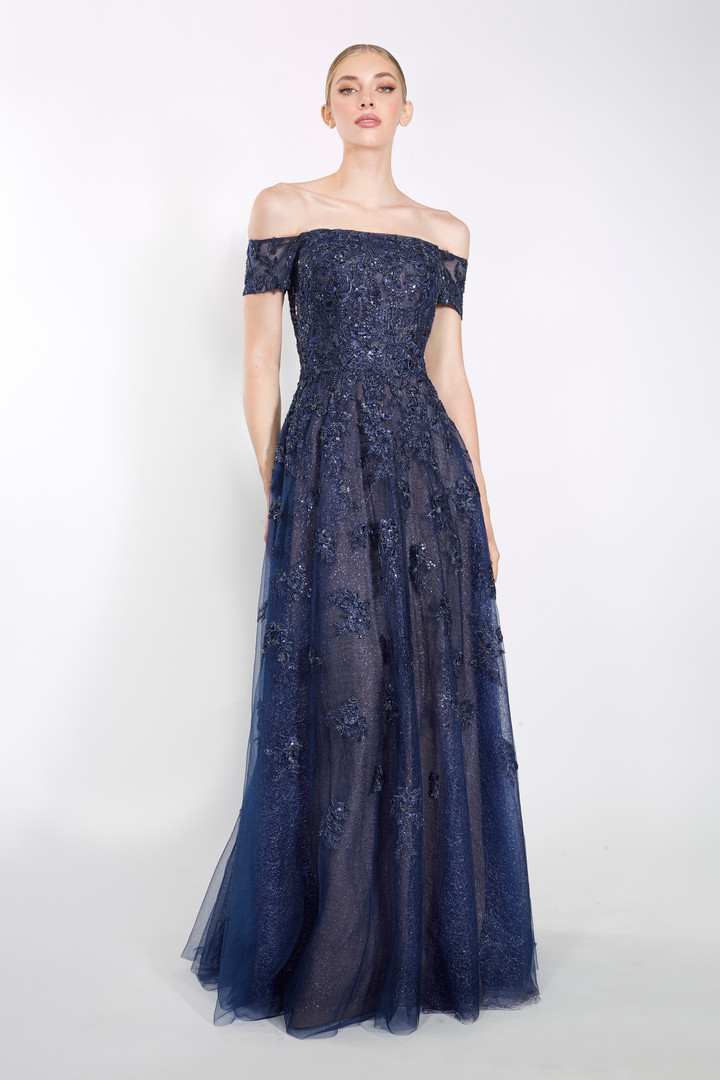 Janique 91122 Straight Across Short Sleeve Off Shoulder Gown