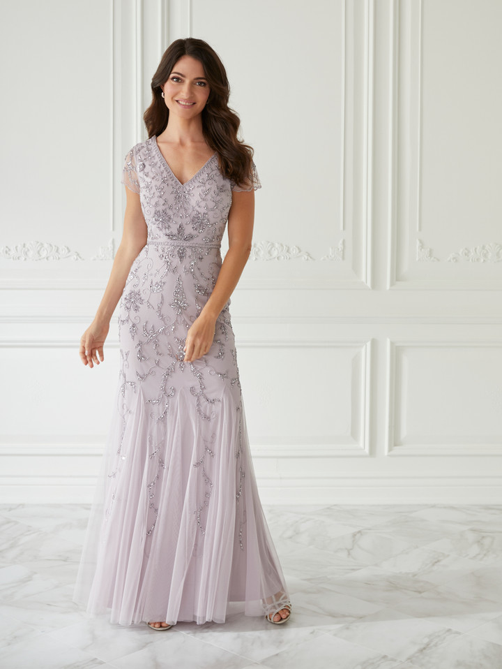 House of Wu 17934 Beaded Mesh V-Neck Short Sleeve Long Dress