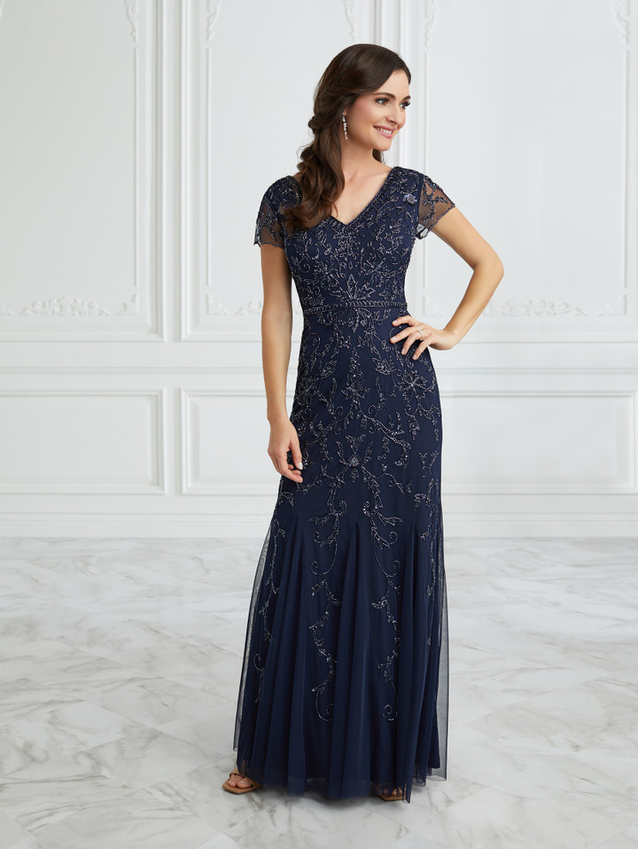 House of Wu 17934 Beaded Mesh V-Neck Short Sleeve Long Dress