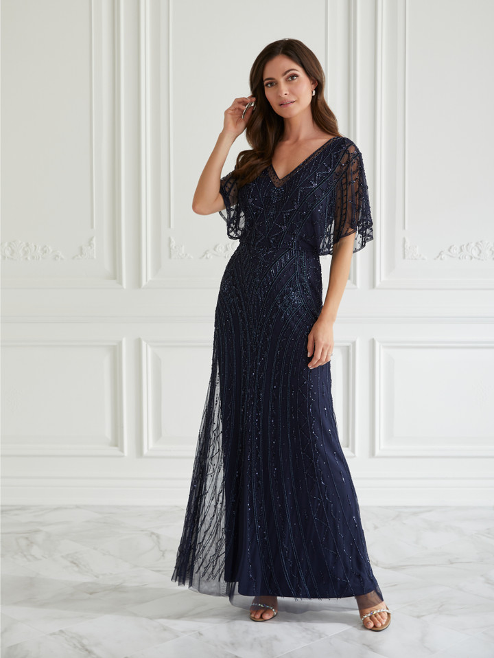 House of Wu 17943 Beaded Mesh V-Neck Flutter Sleeve Dress