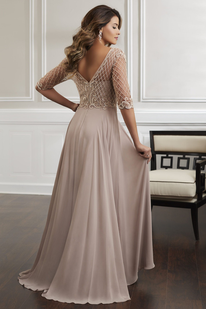 House of Wu 17913 Beaded Chiffon Scoop Neck 3/4 Sleeve Dress