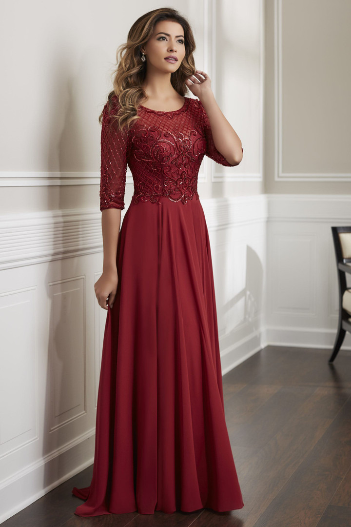 House of Wu 17913 Beaded Chiffon Scoop Neck 3/4 Sleeve Dress