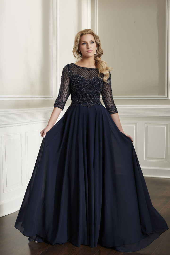 House of Wu 17913 Beaded Chiffon Scoop Neck 3/4 Sleeve Dress