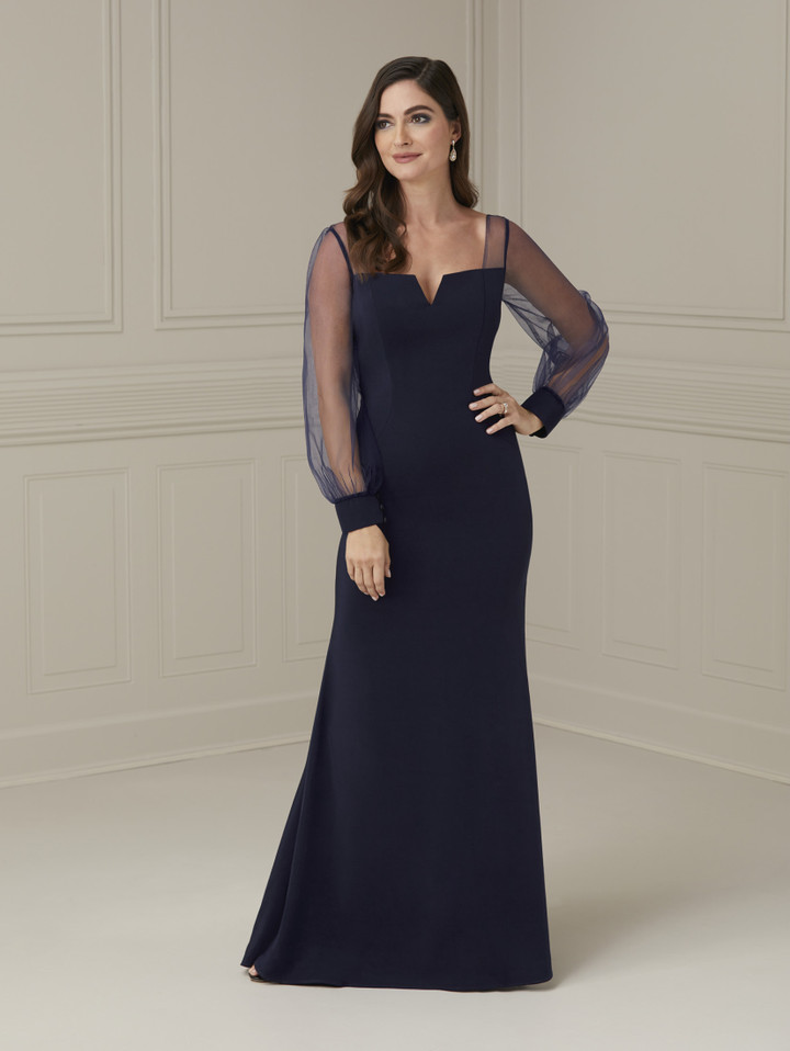 House of Wu 17112 Crepe Tulle Mesh Long Sleeve Long Dress