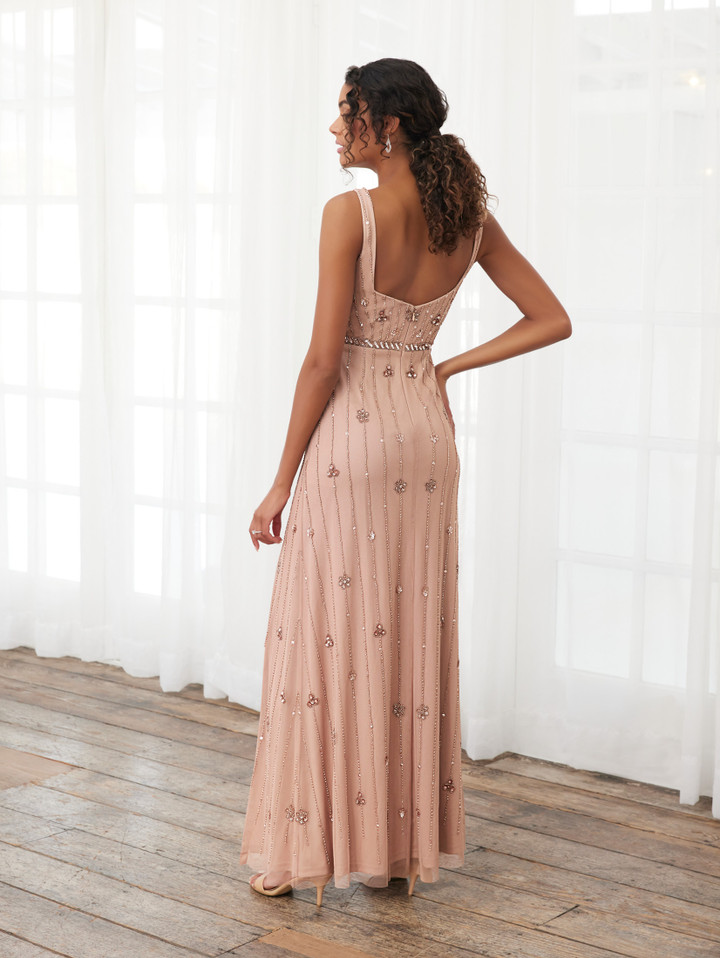 House of Wu 40394 Beaded Mesh Square Neck Sleeveless Dress