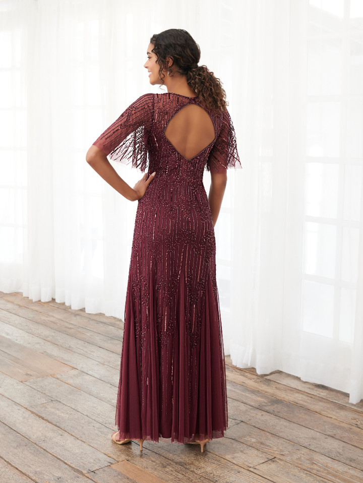 House of Wu 40395 Beaded Mesh V-Neck Flutter Sleeve Dress