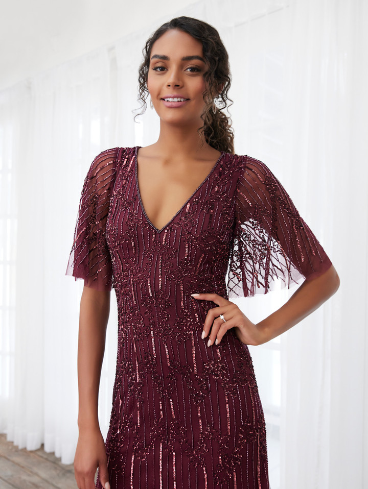 House of Wu 40395 Beaded Mesh V-Neck Flutter Sleeve Dress