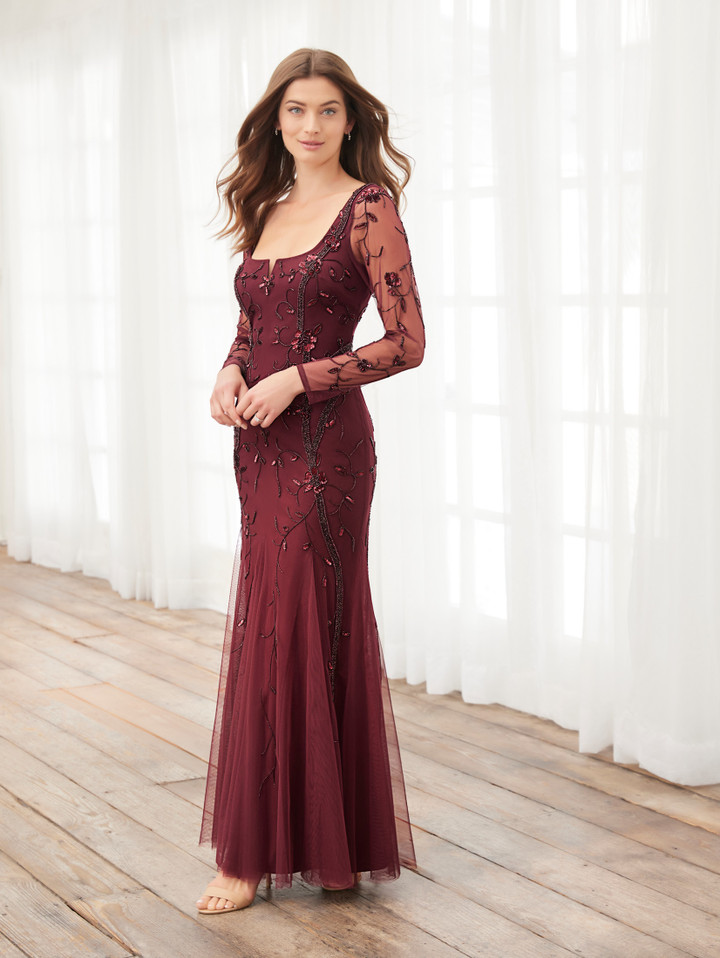 House of Wu 40396 Beaded Mesh Square Neck Long Sleeve Dress