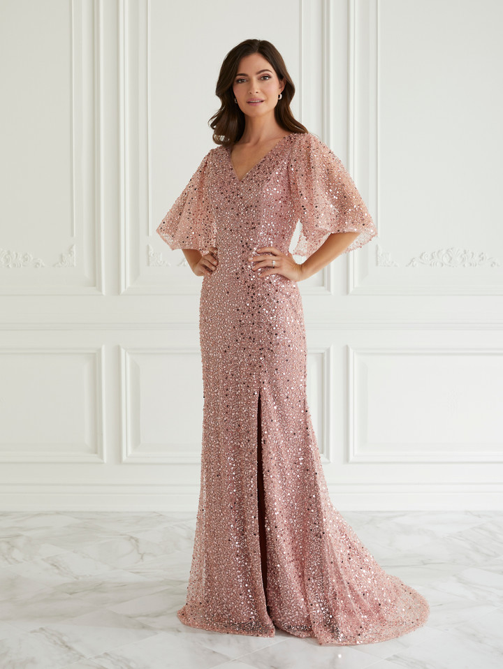 House of Wu 17071 Sequins Mesh V-Neck Cape Sleeve Long Dress
