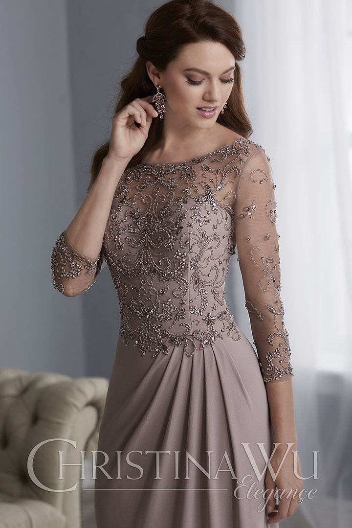 House of Wu 17869 Beaded Jersey Bateau Neck 3/4 Sleeve Dress