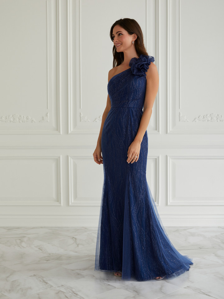 House of Wu 17971 Glitter Tulle Asymmetrical Neck Long Dress