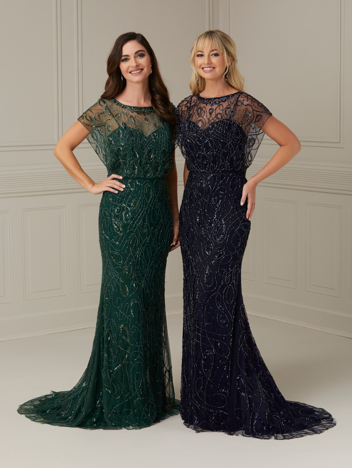 House of Wu 17106 Beaded Tulle Scoop Neck Cap Sleeve Dress