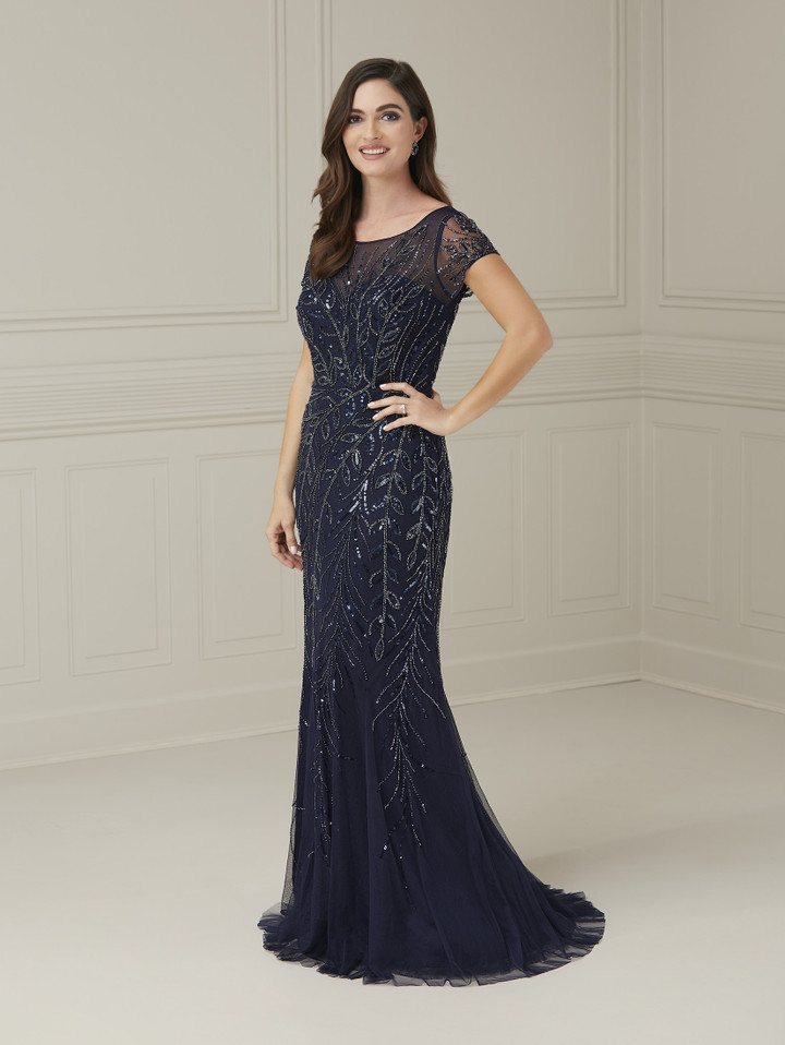 House of Wu 17067 Beaded Mesh Bateau Neck Short Sleeve Dress