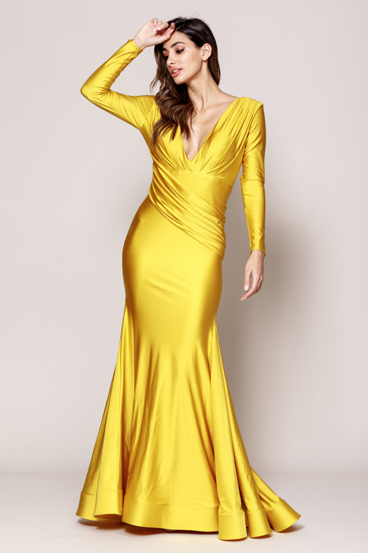 Amelia Couture 381 Lycra Deep V-neck Long Sleeve Long Dress