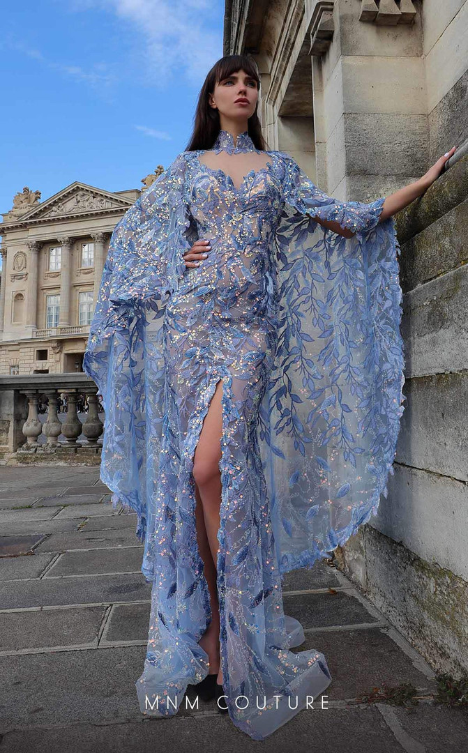 MNM Couture K4012 Beaded Embroidered Leaf Mesh Cape Dress