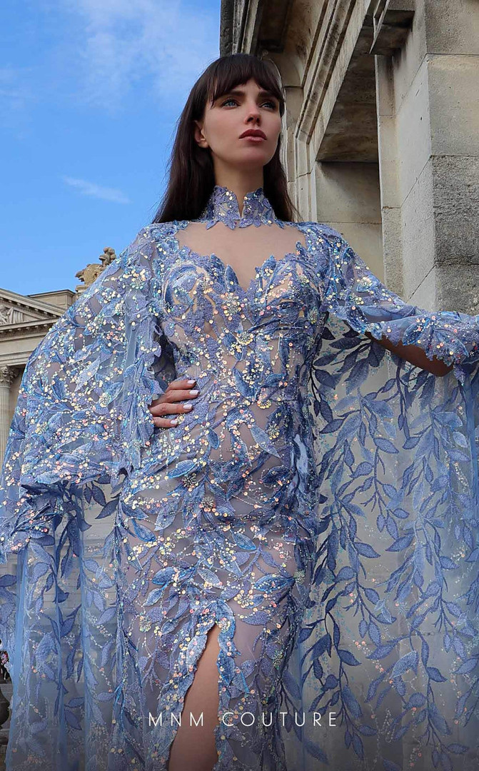 MNM Couture K4012 Beaded Embroidered Leaf Mesh Cape Dress
