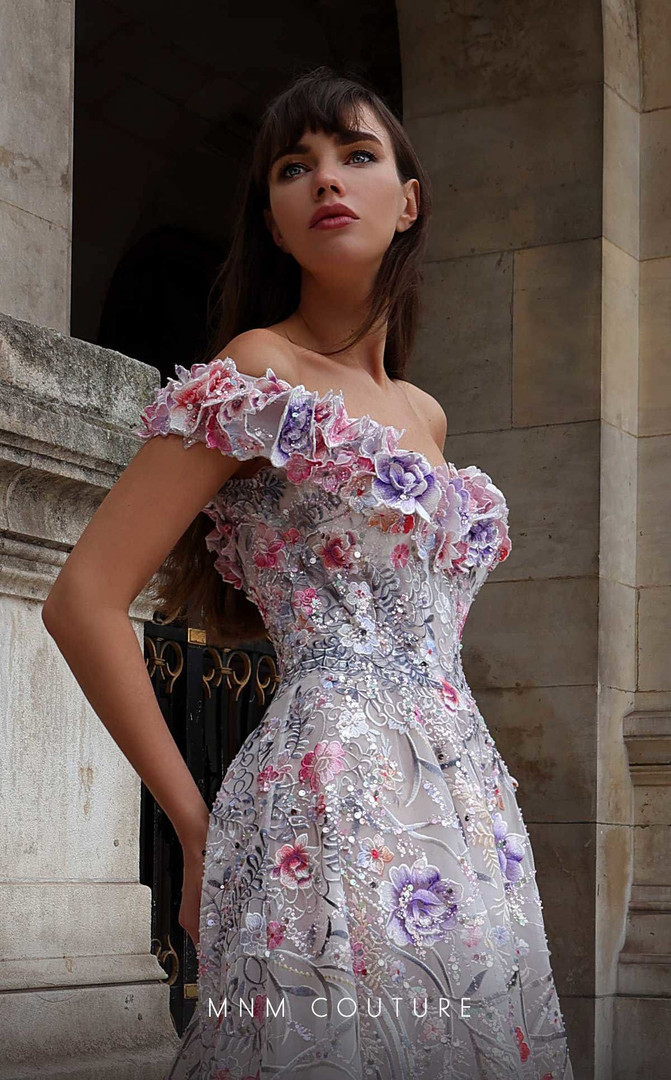 MNM Couture K4013 Flower Strapless Off the Shoulder Dress