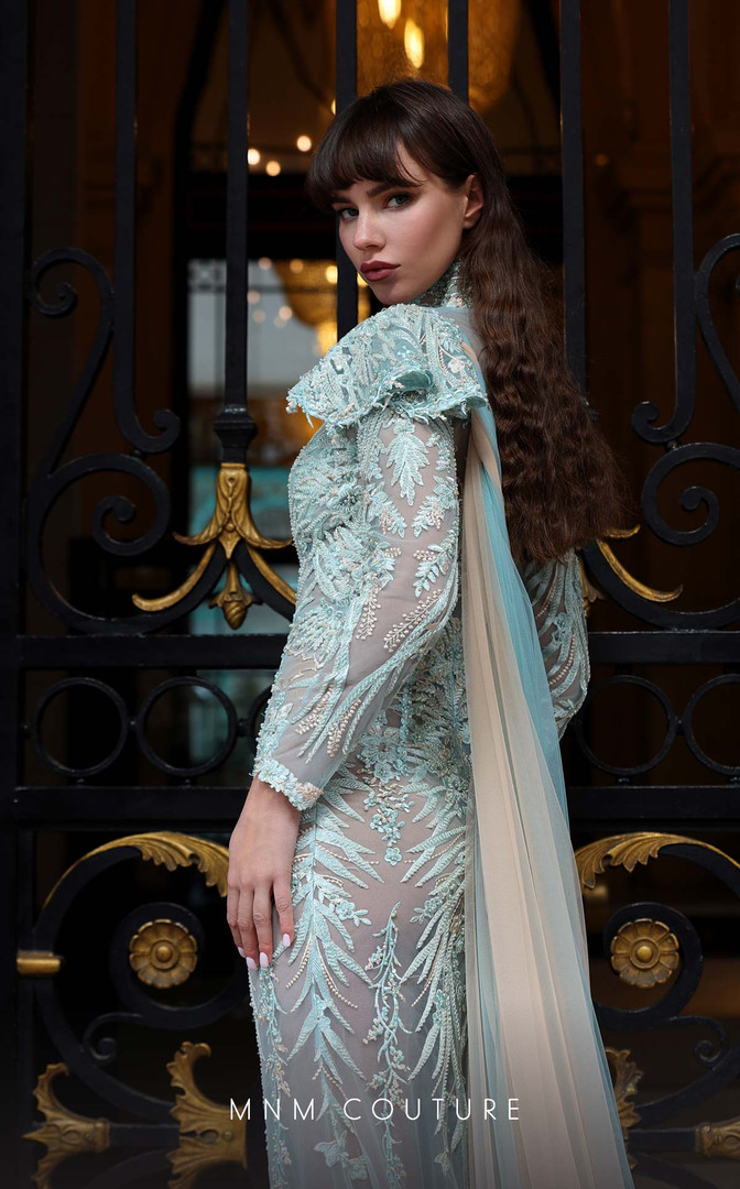 MNM Couture K4008 Beaded Mesh High Neck Long Sleeves Dress