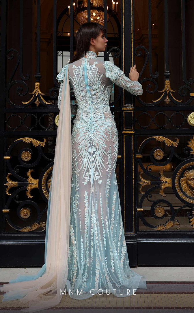 MNM Couture K4008 Beaded Mesh High Neck Long Sleeves Dress