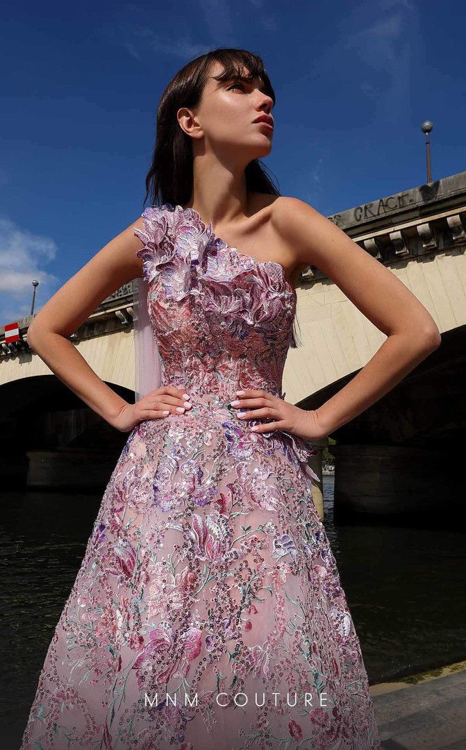 MNM Couture K4020 Embroidery Sleeveless One-shoulder Dress