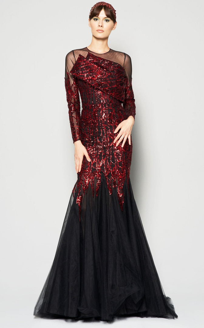 MNM Couture N0362 Sequins Long Sleeves Illusion Neck Dress