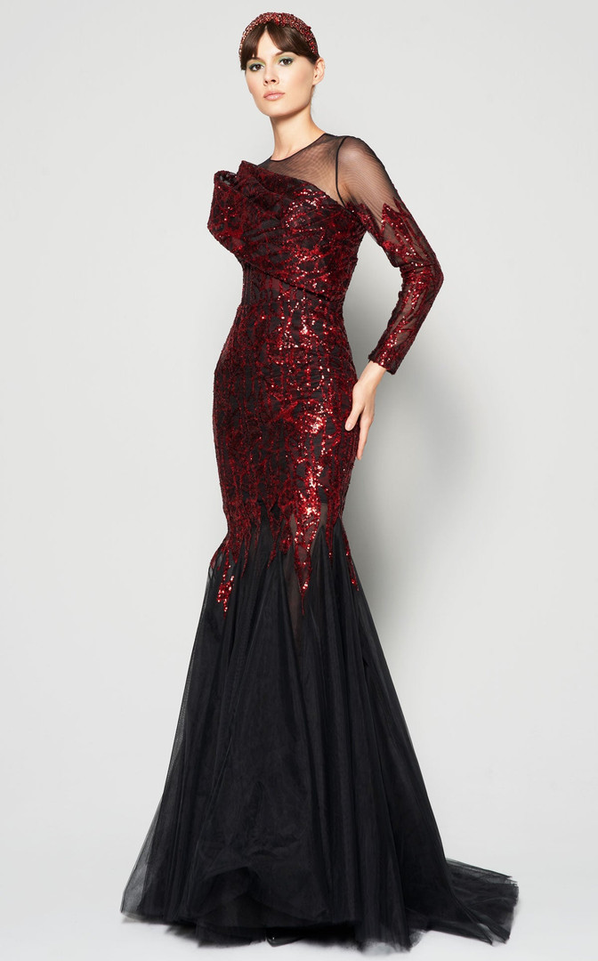 MNM Couture N0362 Sequins Long Sleeves Illusion Neck Dress