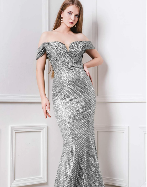 MNM Couture F7541 Off Shoulder Sleeves Beaded Long Dress