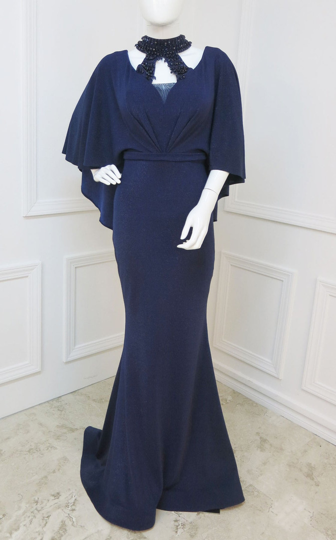 MNM Couture F4667 Beaded Halter Neck 3/4 Sleeve Long Dress