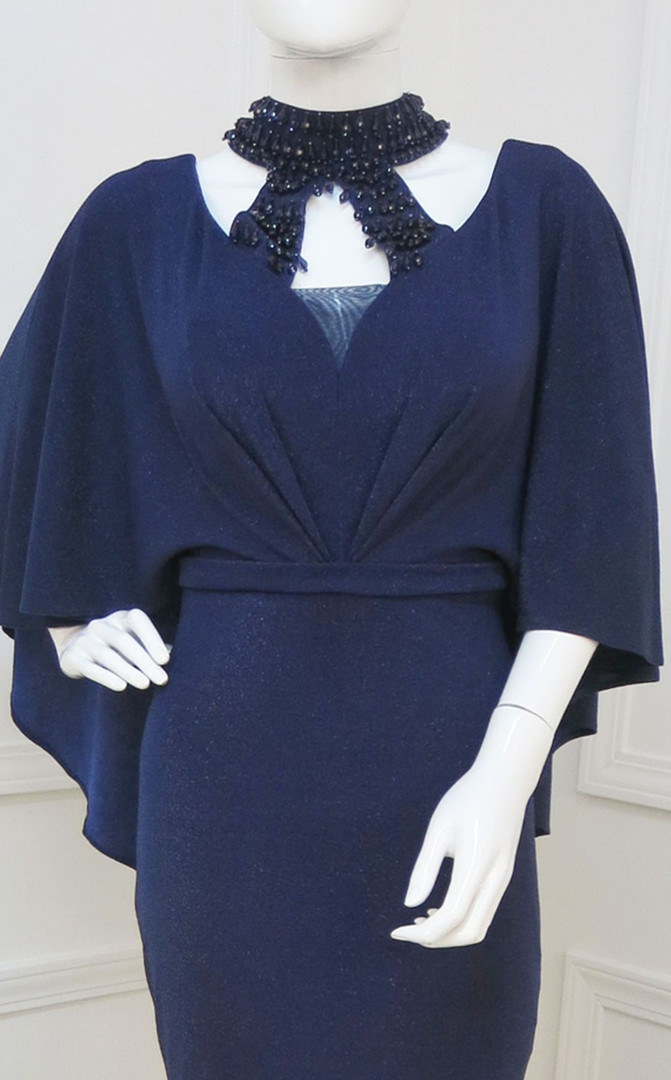 MNM Couture F4667 Beaded Halter Neck 3/4 Sleeve Long Dress