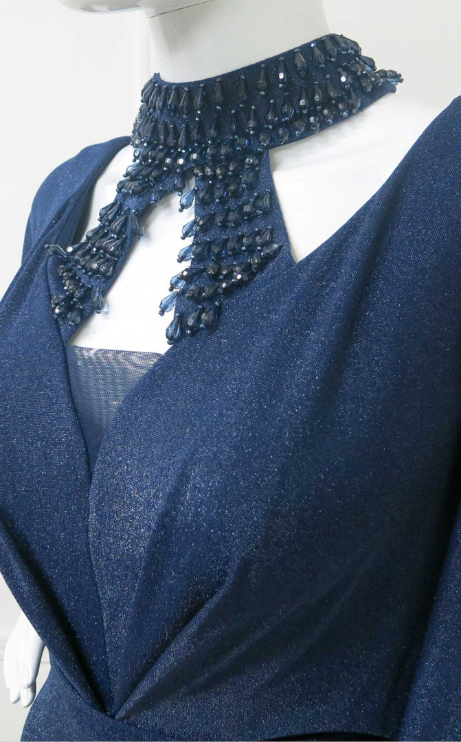 MNM Couture F4667 Beaded Halter Neck 3/4 Sleeve Long Dress