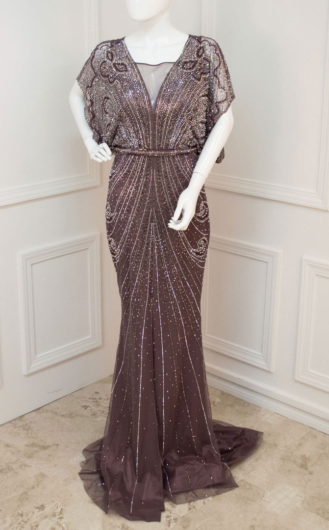 MNM Couture F00430 Beaded V-neck Short Sleeve Long Dress