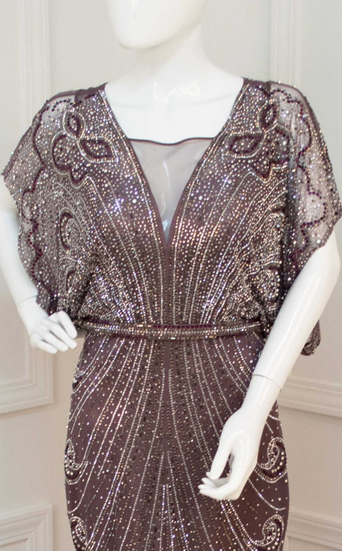 MNM Couture F00430 Beaded V-neck Short Sleeve Long Dress