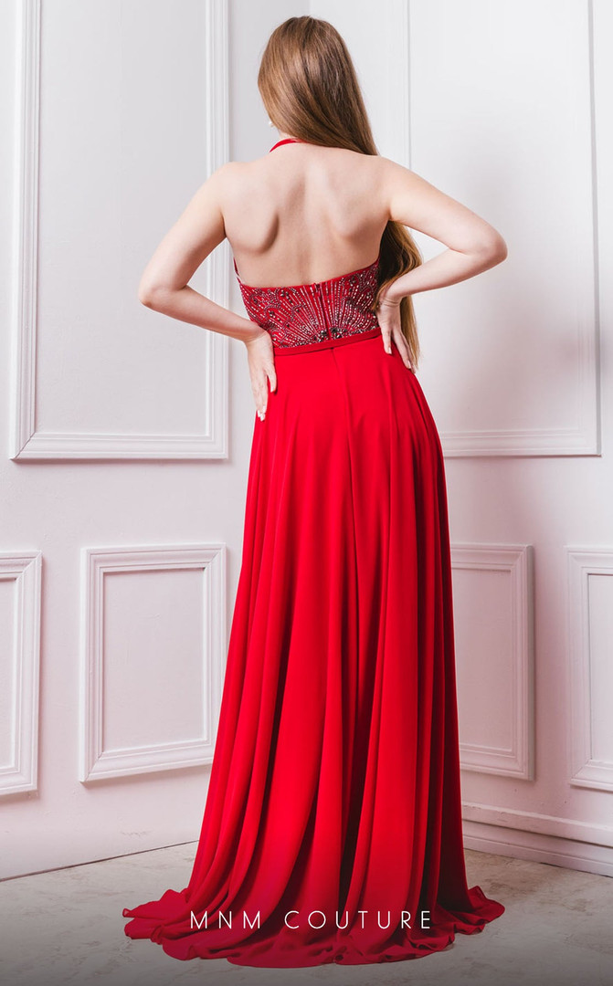 MNM Couture F6198 Beads Halter Neck Sleeveless Long Dress