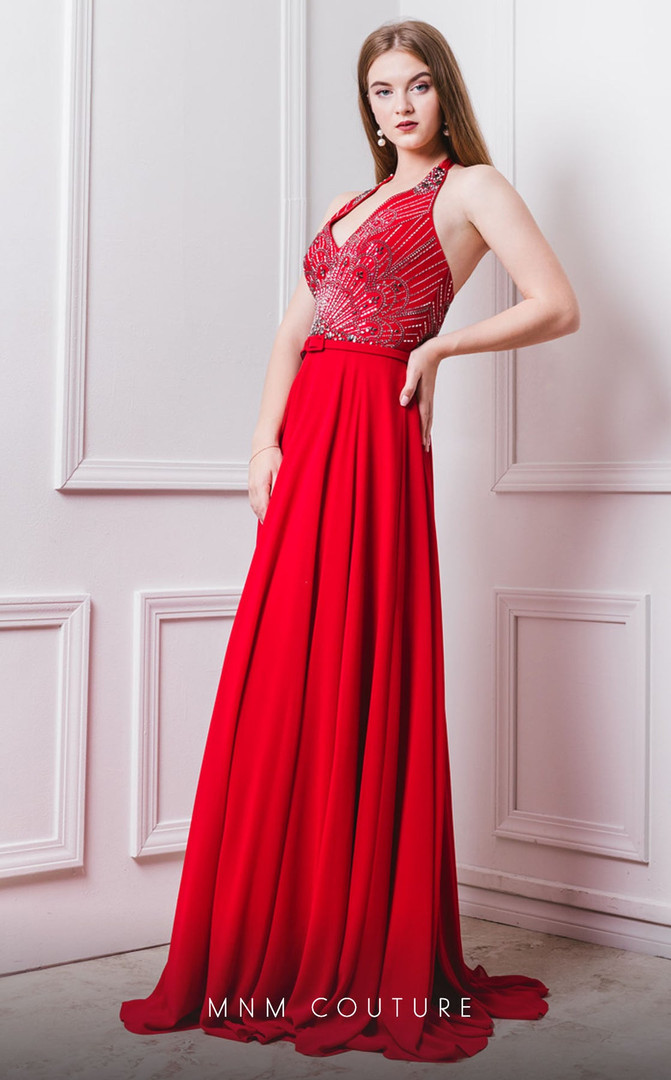 MNM Couture F6198 Beads Halter Neck Sleeveless Long Dress