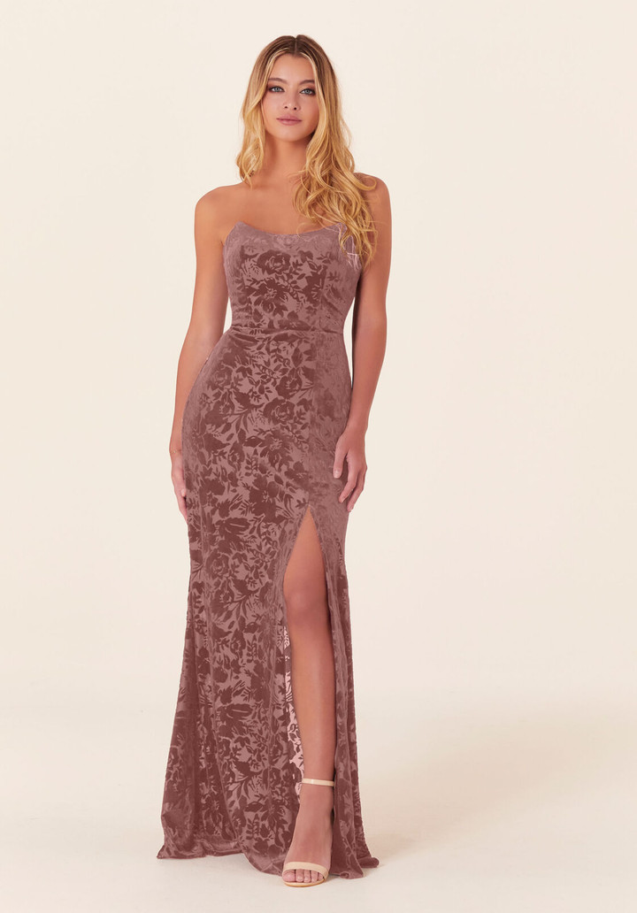 Morilee Bridesmaid 21828 Floral Velvet Strapless Long Dress