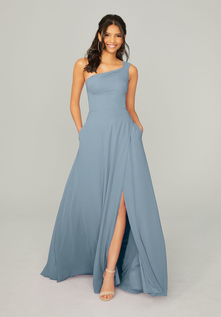 Morilee Bridesmaid 21758 Chiffon Asymmetric Neck Long Dress