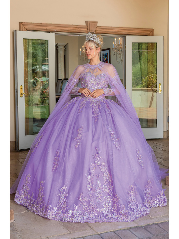 Dancing Queen 1691 Sheer Long Sleeve Beaded Long Ballgown