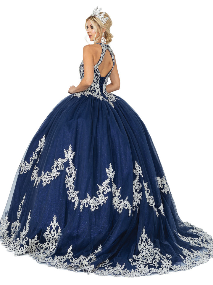 Dancing Queen 1607 Halter Neck Metallic Appliques Ballgown