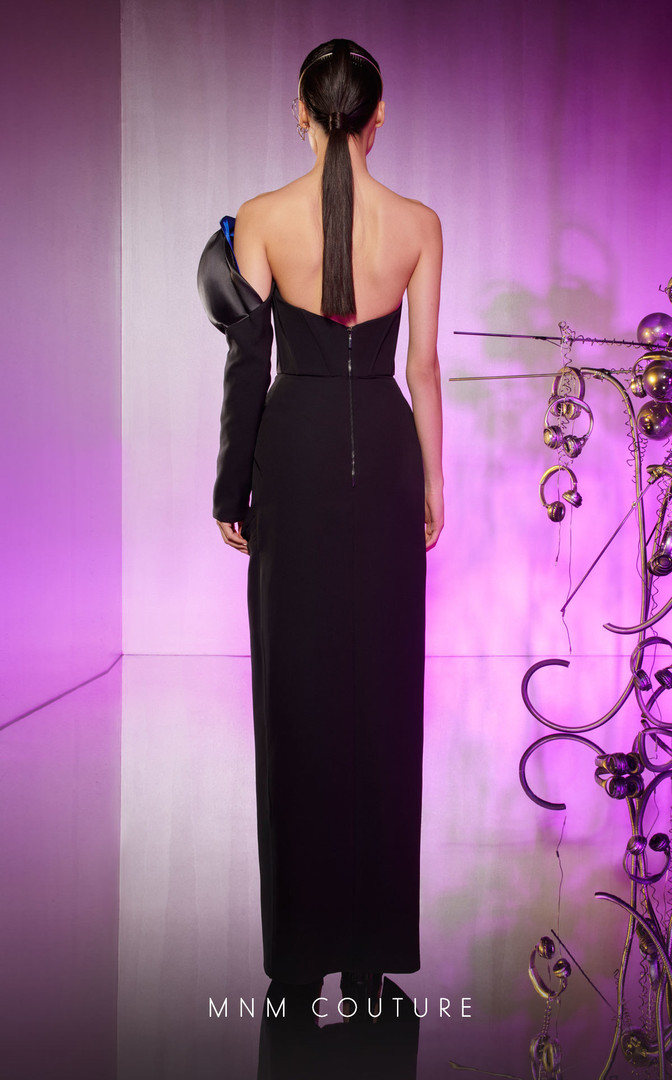 MNM Couture E0042 Crepe One Shoulder One Sleeve Fitted Dress
