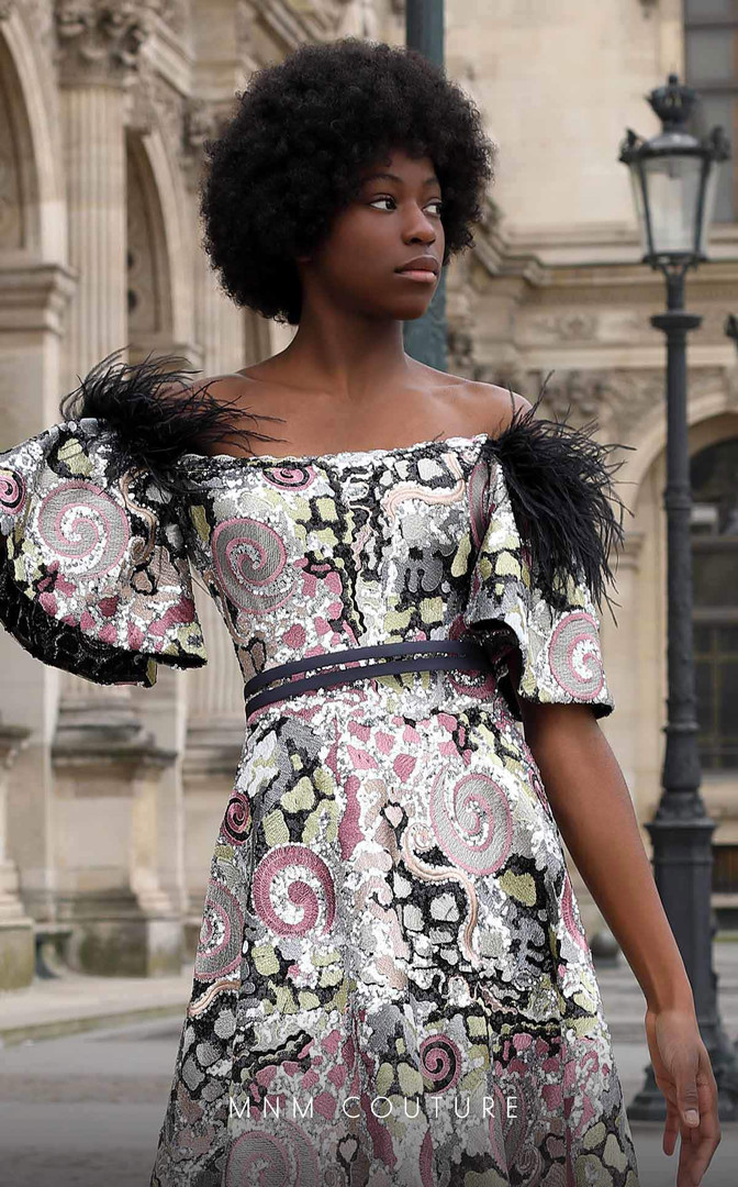 MNM Couture K4058 Embroidery Short Sleeve Strapless Dress