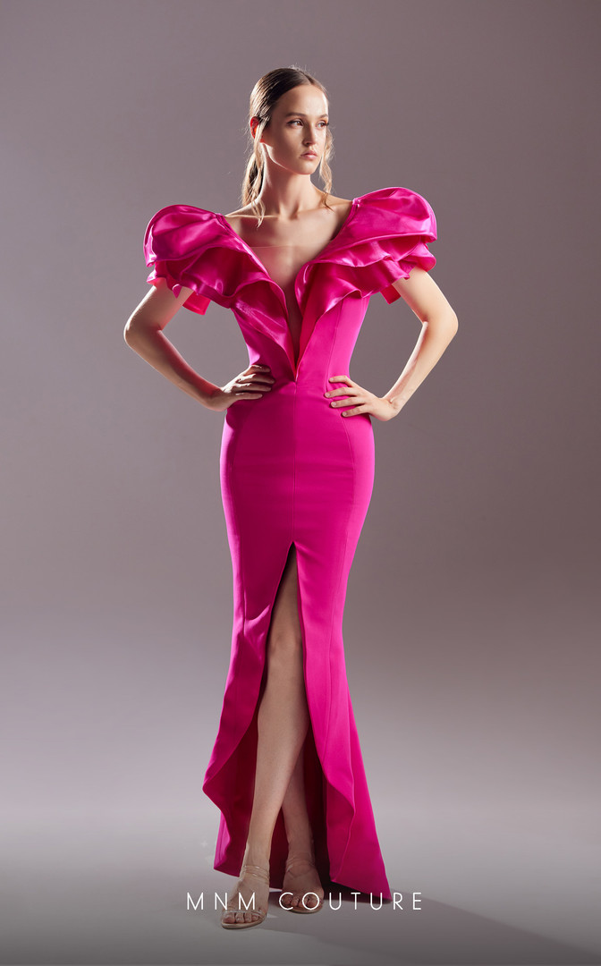 MNM Couture G1536 Ruffled Sleeve Plunging V-Neck Long Dress