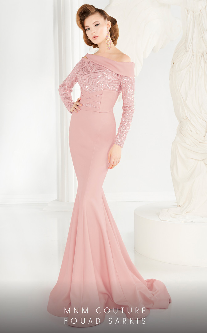 MNM Couture 2578 Off-shoulder Side-cutout Long-sleeve Dress