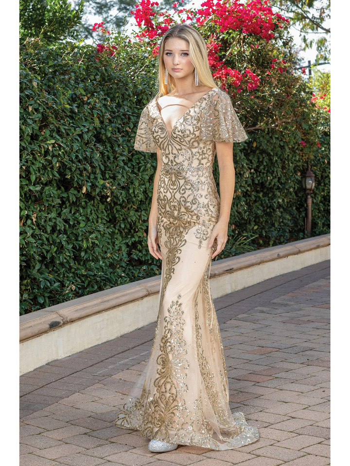 Dancing Queen 4309A Short Flutter Sleeve V-Neck Long Dress