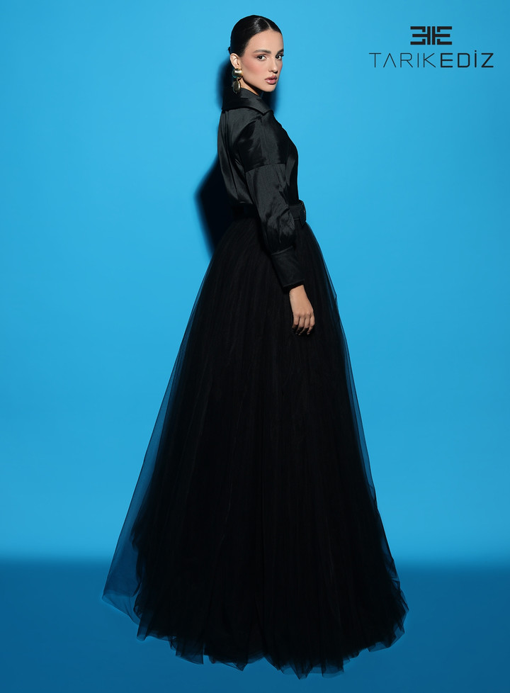 Tarik Ediz 98405 Tafetta Long Sleeve Shirt Collar Neck Dress