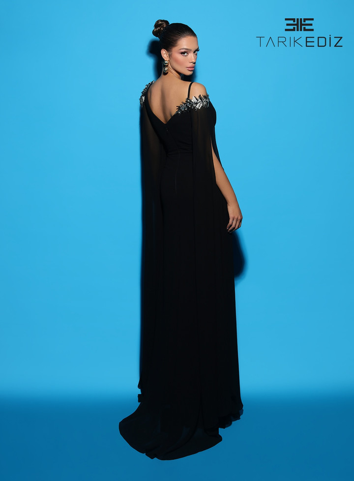 Tarik Ediz 98492 Chiffon Crepe V-Neck Cape Sleeves Dress