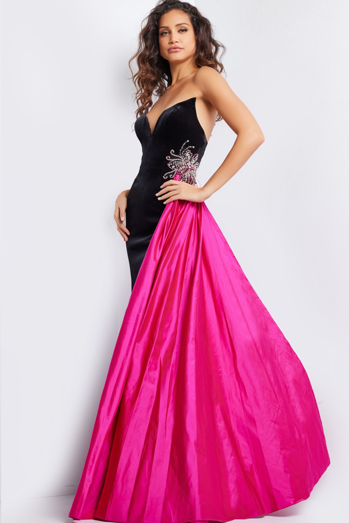 Jovani 26117 Velvet Satin Strapless V-neck High Slit Gown