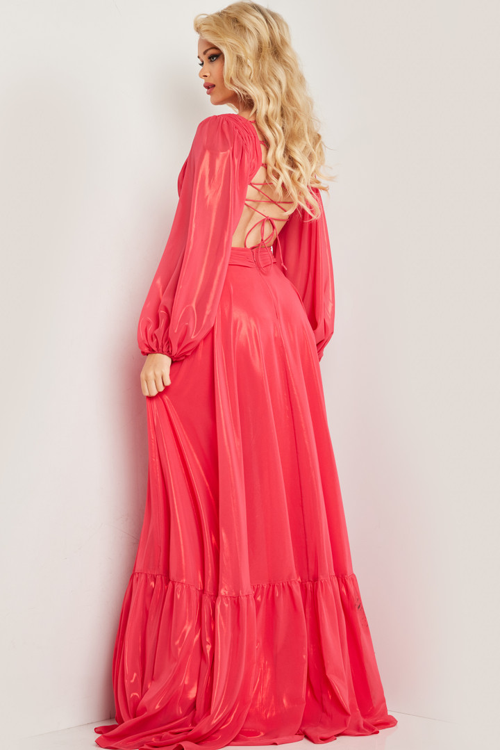 Jovani 26247 Metallic Chiffon Long Sleeve V-neck Maxi Dress