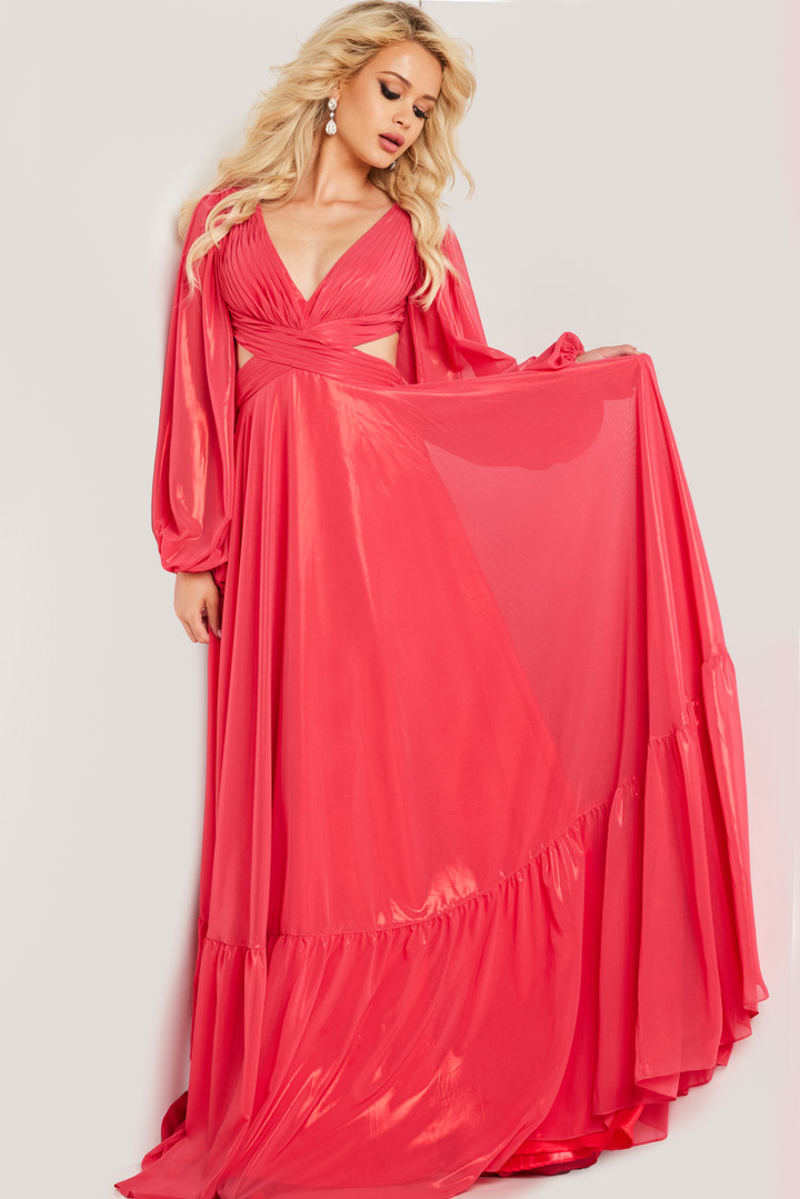 Jovani 26247 Metallic Chiffon Long Sleeve V-neck Maxi Dress